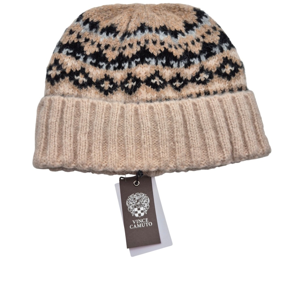 Vince Camuto Brushed Fair Isle Beanie Hat One Size Fits Most Ivory Tan Unisex